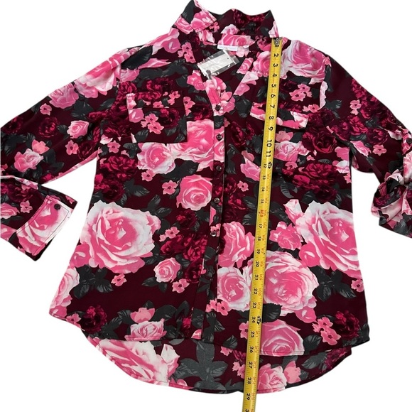 New York & Company Floral Pink Burgundy Roll Tab Sleeve Floral Button Down XL - Picture 8 of 17